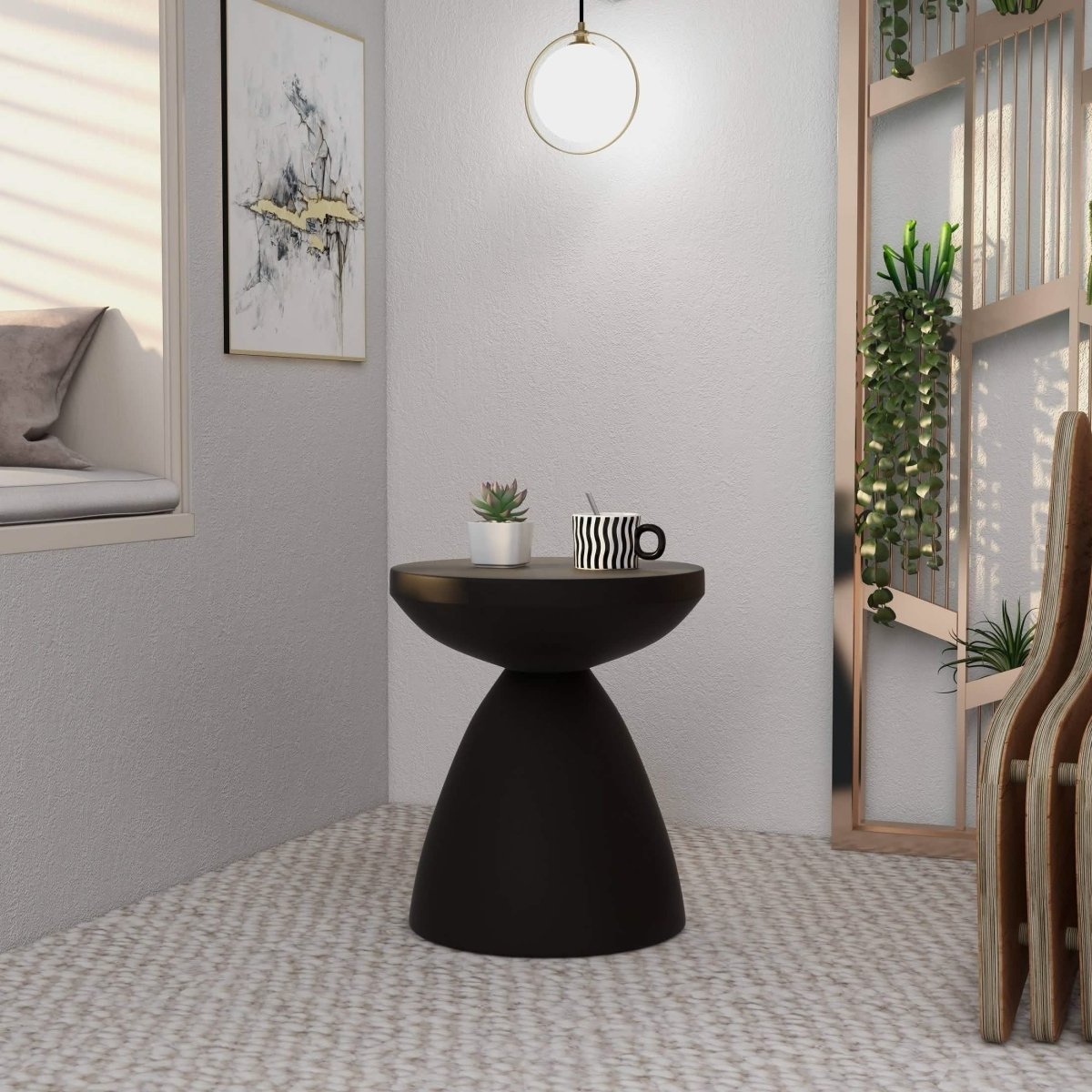 Dune Side Table Fiberstone Round Accent Table and Hourglass Pedestal Base Black Side Table LeisureMod