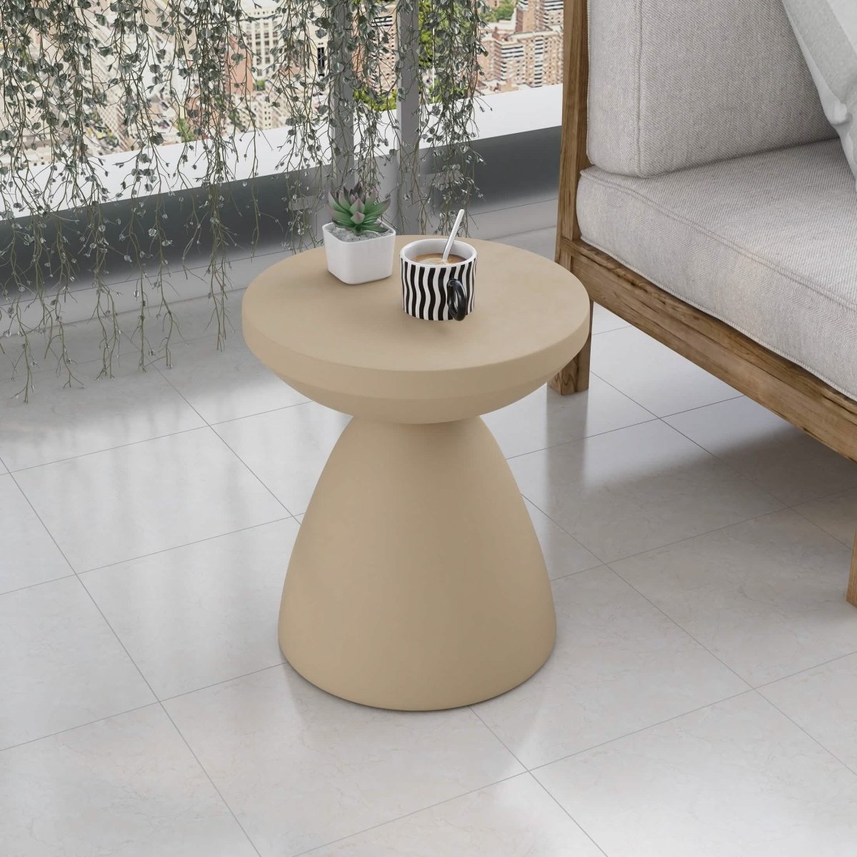 Dune Side Table Fiberstone Round Accent Table and Hourglass Pedestal Base Beige Side Table LeisureMod