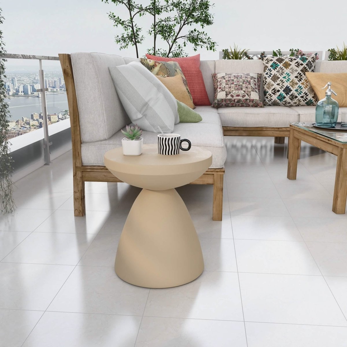 Dune Side Table Fiberstone Round Accent Table and Hourglass Pedestal Base Beige Side Table LeisureMod