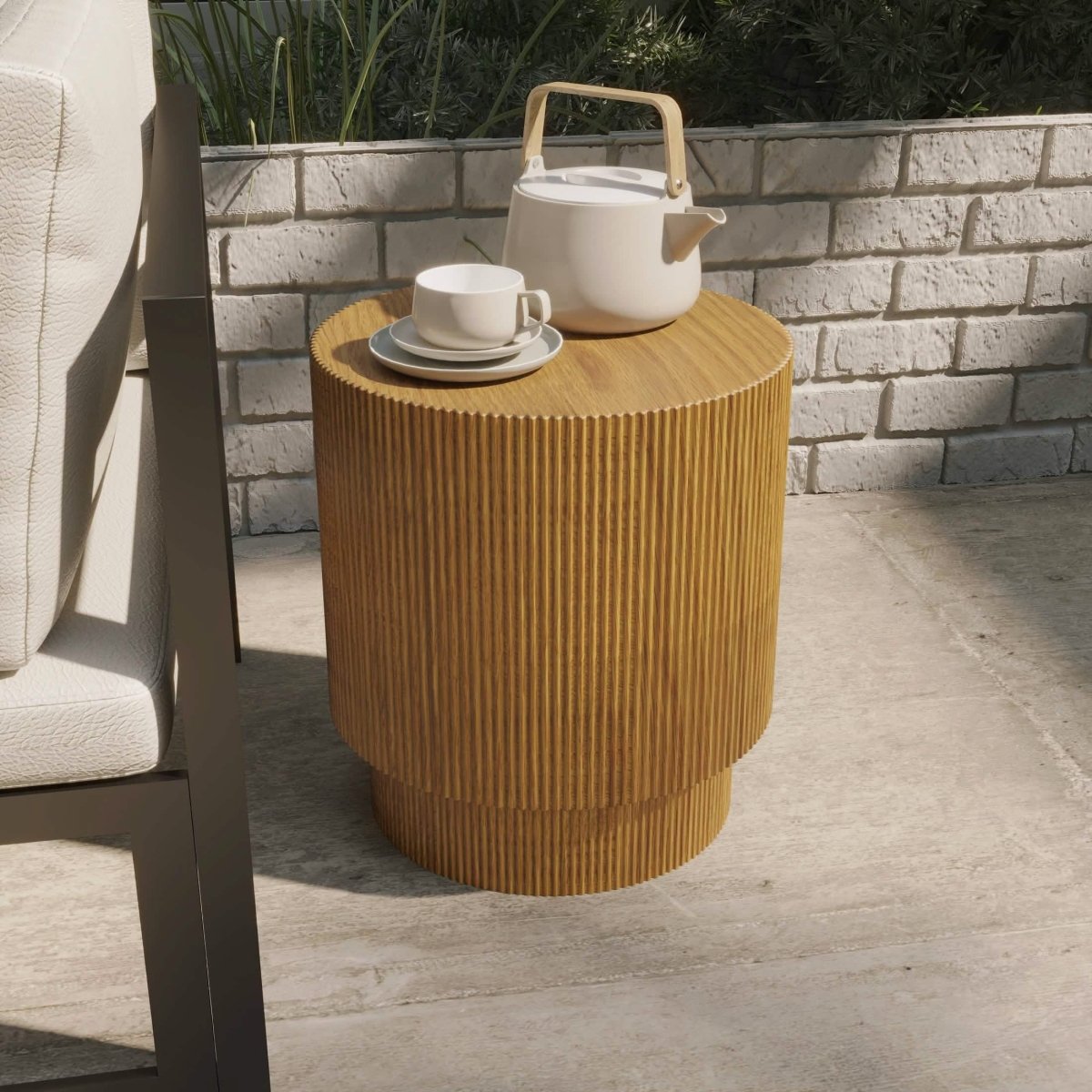 Eden Series Side Table in Fiberstone Round Accent Table for Home, Living Room, Indoor, and Outdoor Brown Side Table LeisureMod