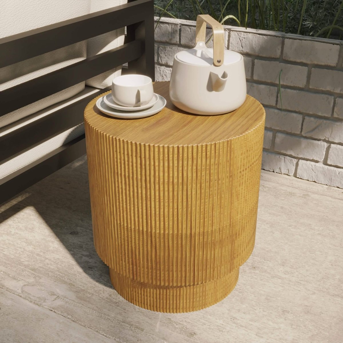 Eden Series Side Table in Fiberstone Round Accent Table for Home, Living Room, Indoor, and Outdoor Brown Side Table LeisureMod