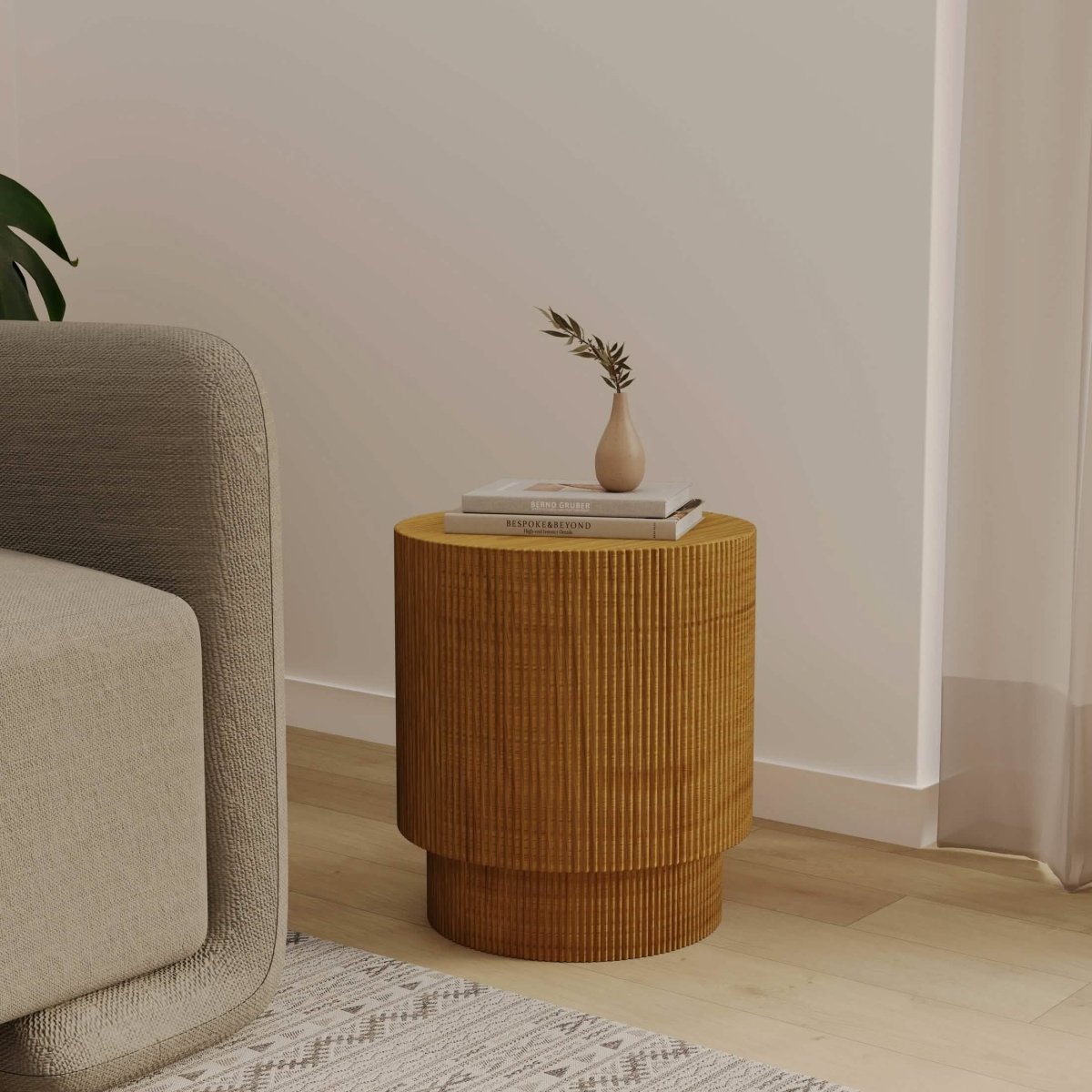 Eden Series Side Table in Fiberstone Round Accent Table for Home, Living Room, Indoor, and Outdoor Brown Side Table LeisureMod