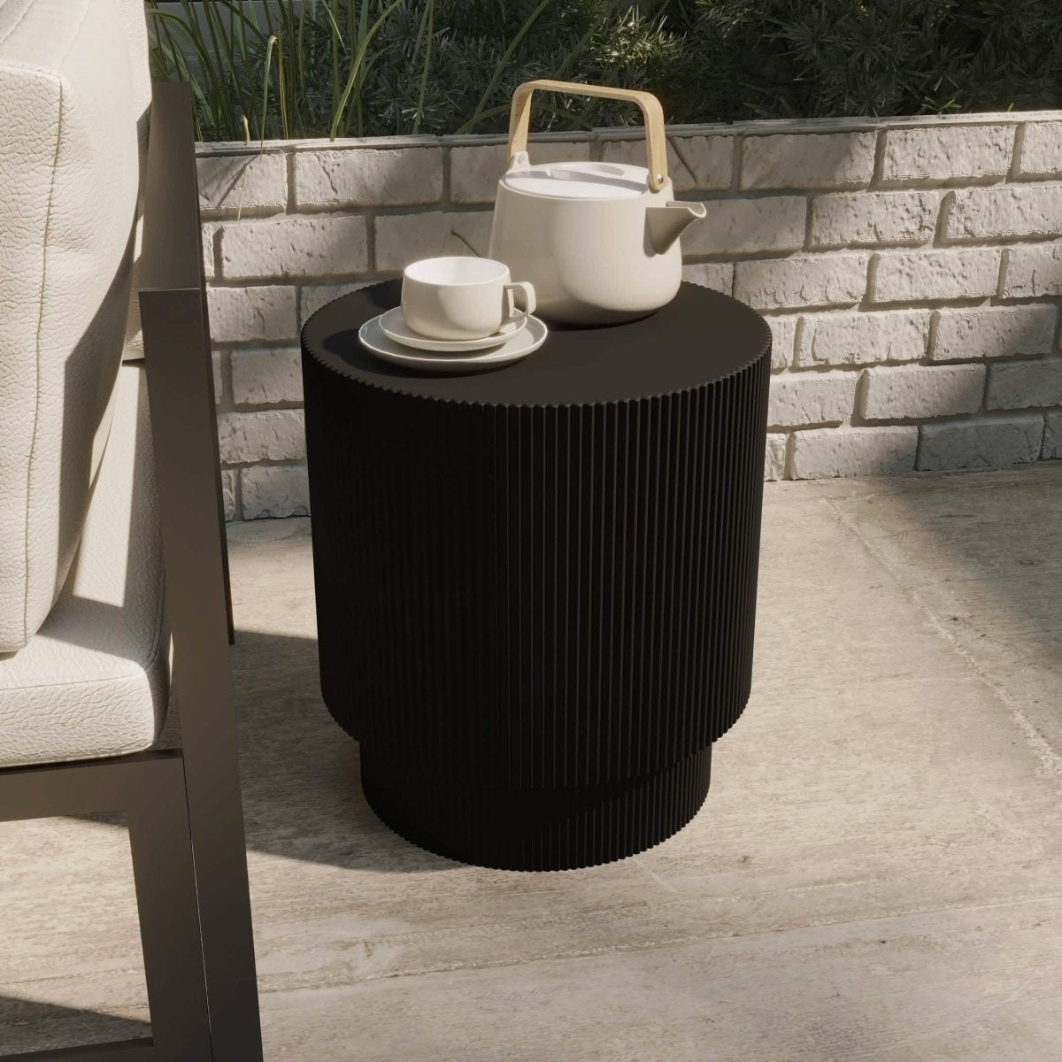 Eden Series Side Table in Fiberstone Round Accent Table for Home, Living Room, Indoor, and Outdoor Black Side Table LeisureMod
