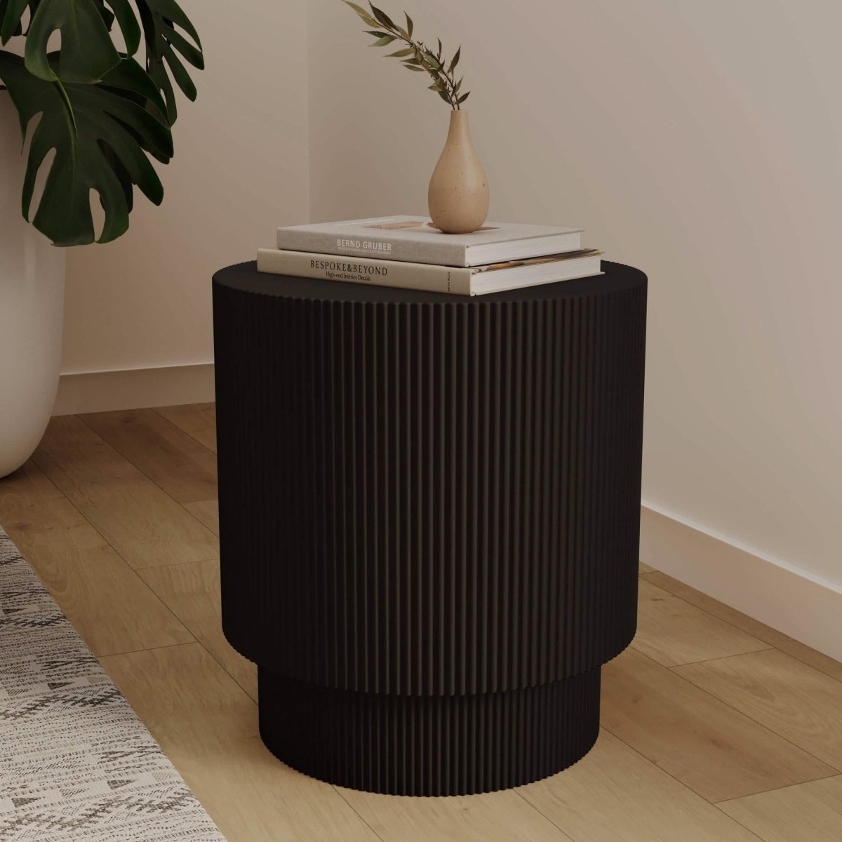 Eden Series Side Table in Fiberstone Round Accent Table for Home, Living Room, Indoor, and Outdoor Black Side Table LeisureMod
