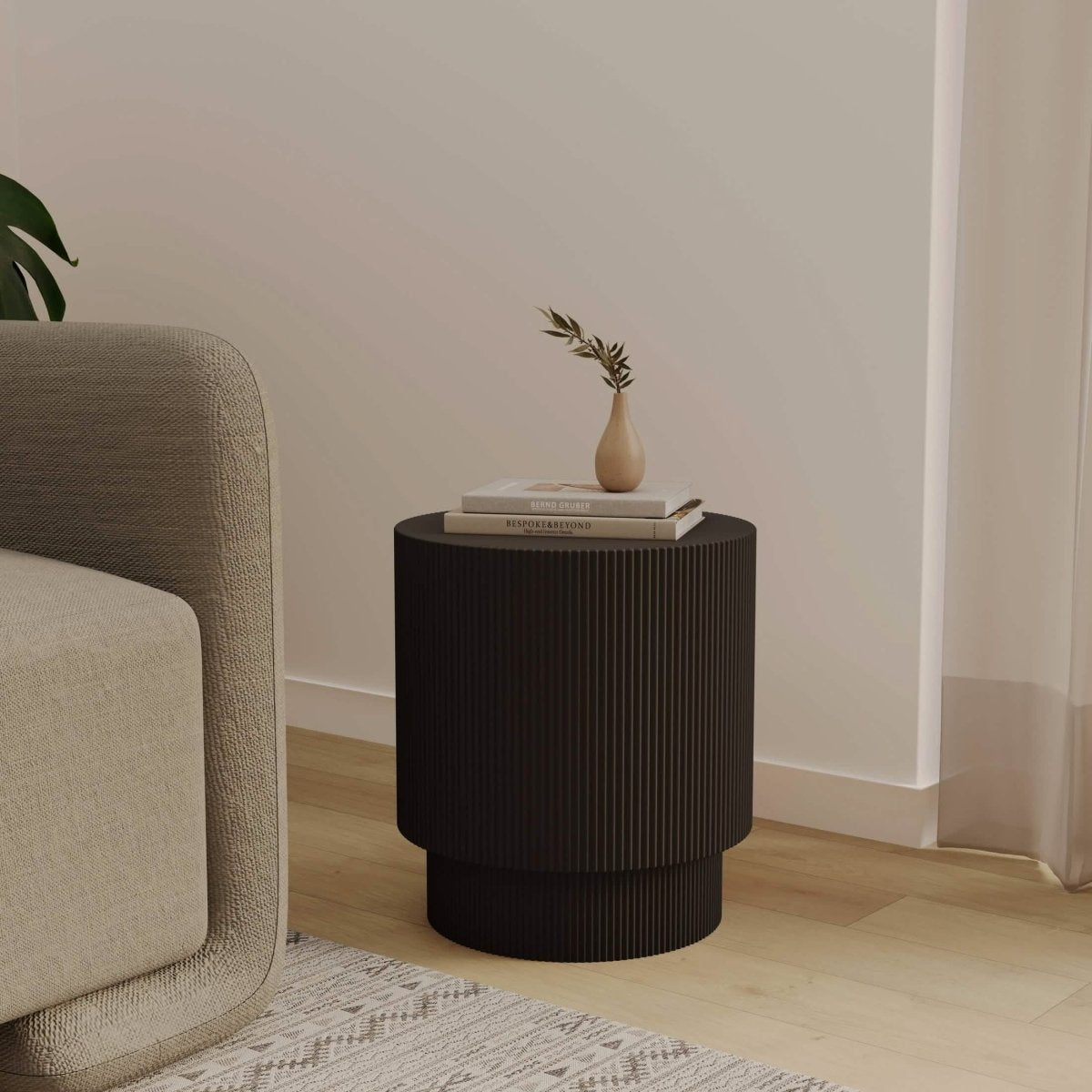 Eden Series Side Table in Fiberstone Round Accent Table for Home, Living Room, Indoor, and Outdoor Black Side Table LeisureMod