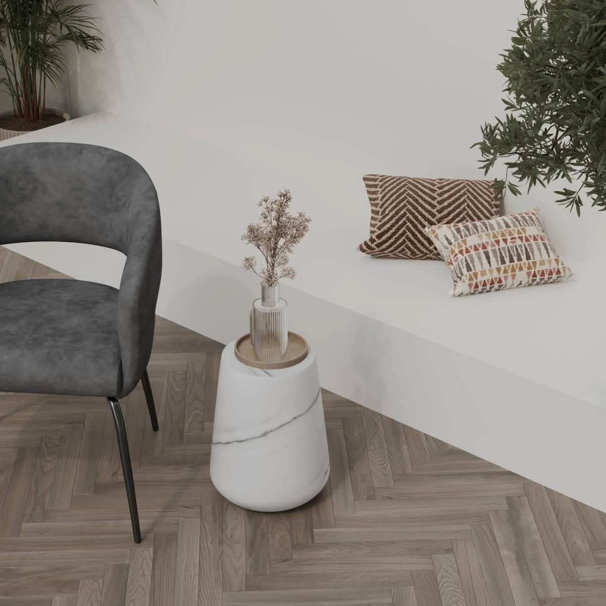 Glint 14" Wide Fiberstone Side Table in Tapered Base Design Marble White Side Table Leisuremod