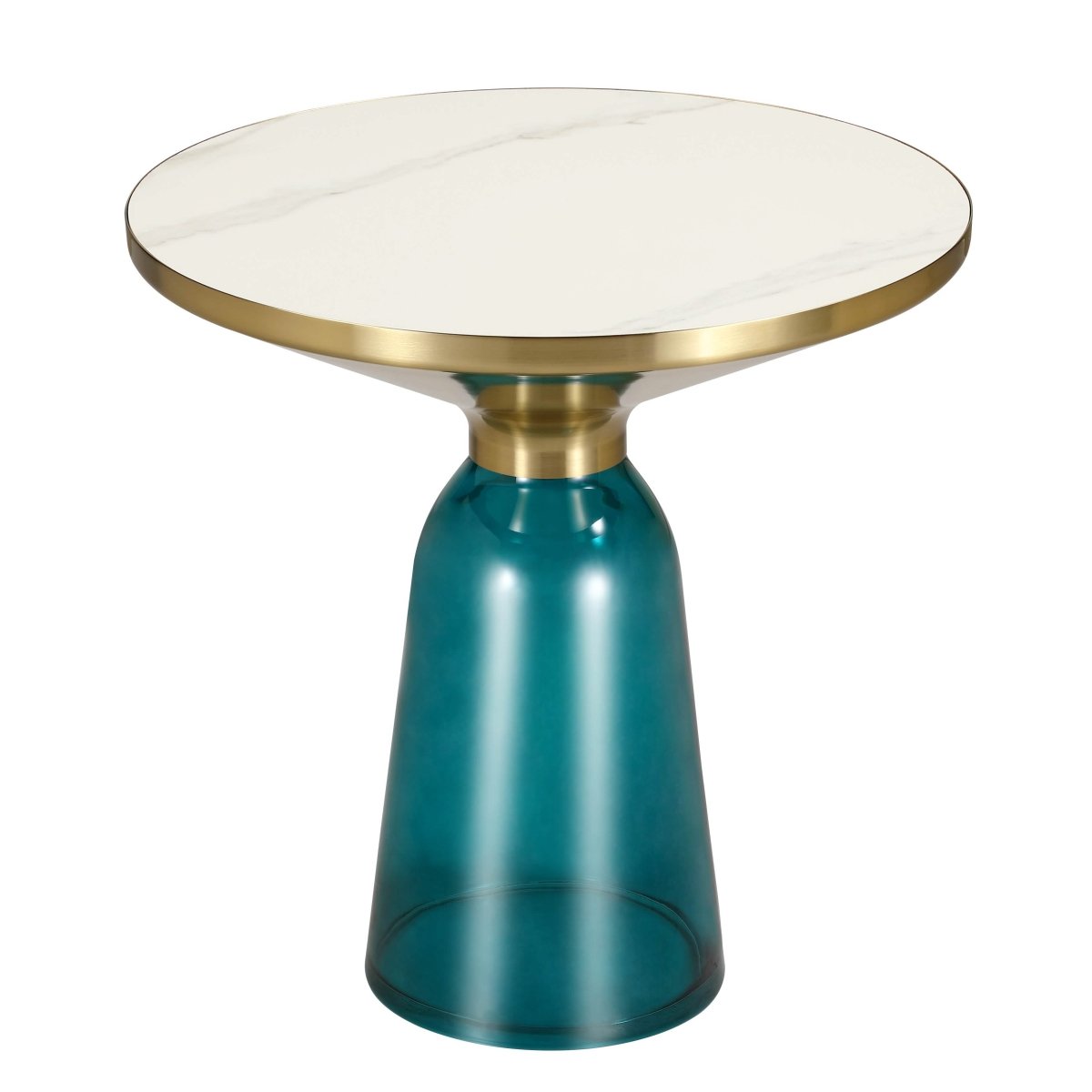 Tully 19-Inch Round Glass/Stone Side Table with Iron Rim Frame and Glass Base Gold Stone Blue White Stone Side Table Leisuremod