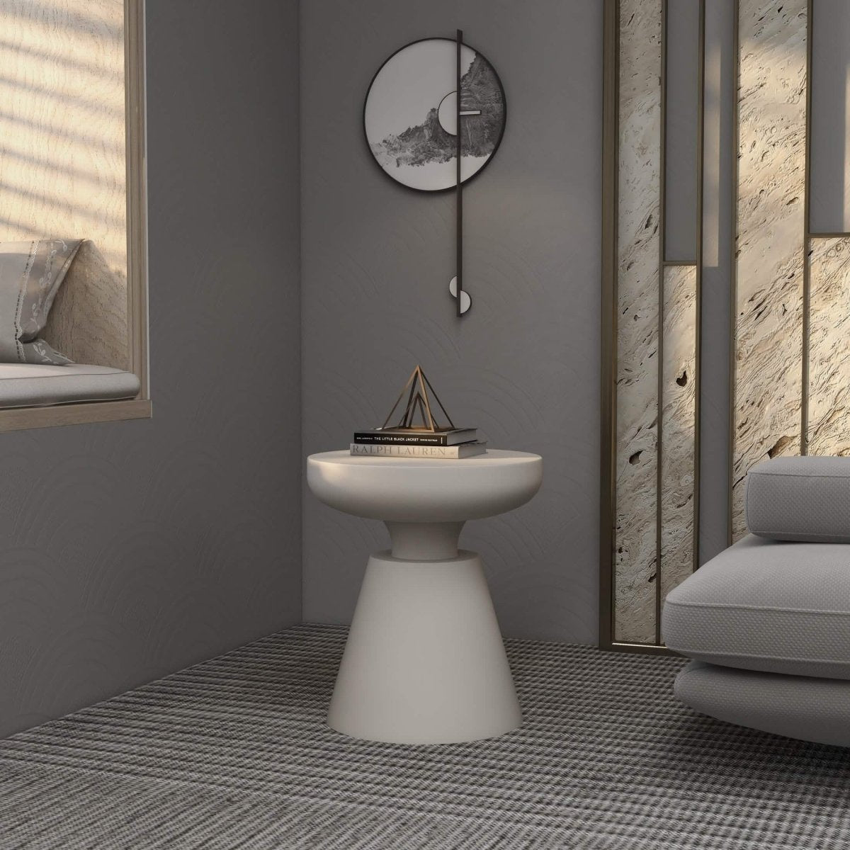 Isle Minimalist Side Table with Round Fiberstone Tabletop Accent Table and Pedestal Base Cream Side Table LeisureMod