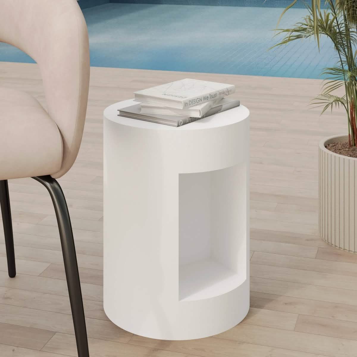 Nook 14" Wide Round Fiberstone Side Table With Open Storage Compartment White Side Table Leisuremod