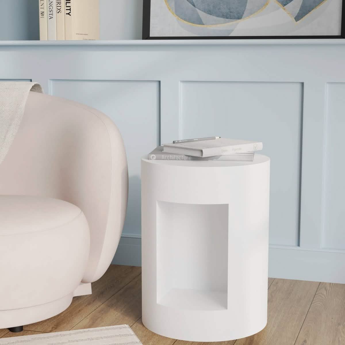 Nook 14" Wide Round Fiberstone Side Table With Open Storage Compartment White Side Table Leisuremod