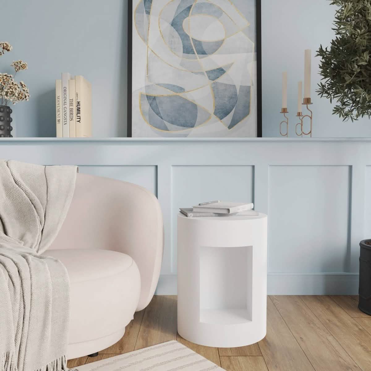 Nook 14" Wide Round Fiberstone Side Table With Open Storage Compartment White Side Table Leisuremod