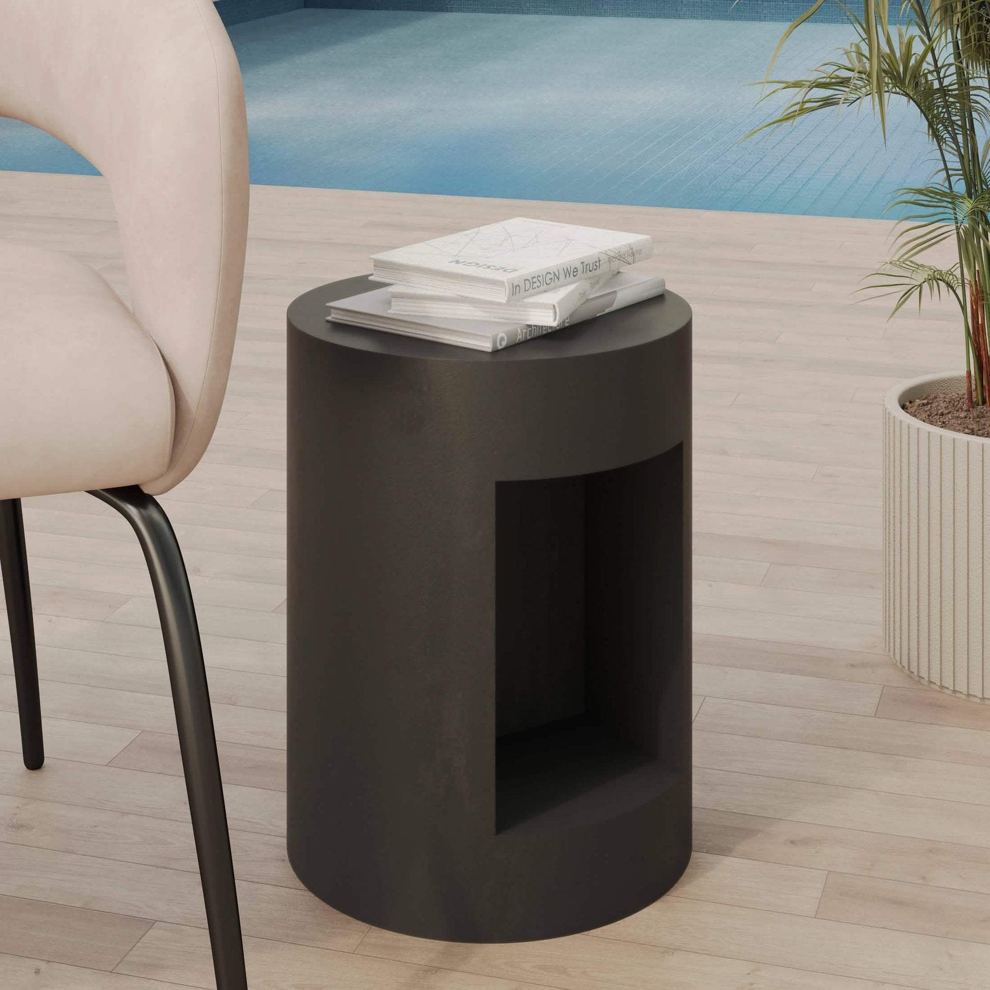 Nook 14" Wide Round Fiberstone Side Table With Open Storage Compartment Black Side Table Leisuremod