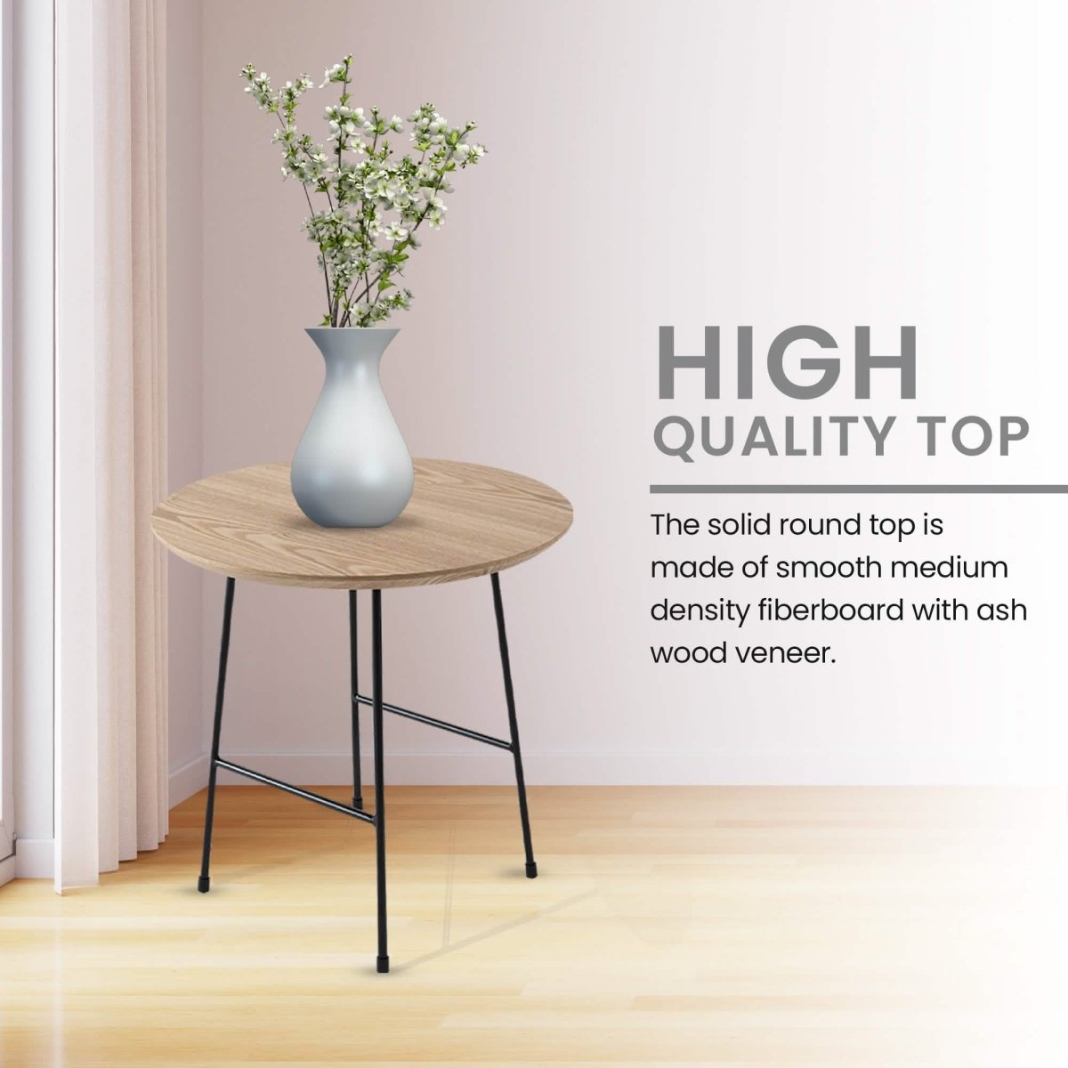 Rossmore Round Side Table with MDF Wood Tabletop in Black Steel Black Side Table Leisuremod