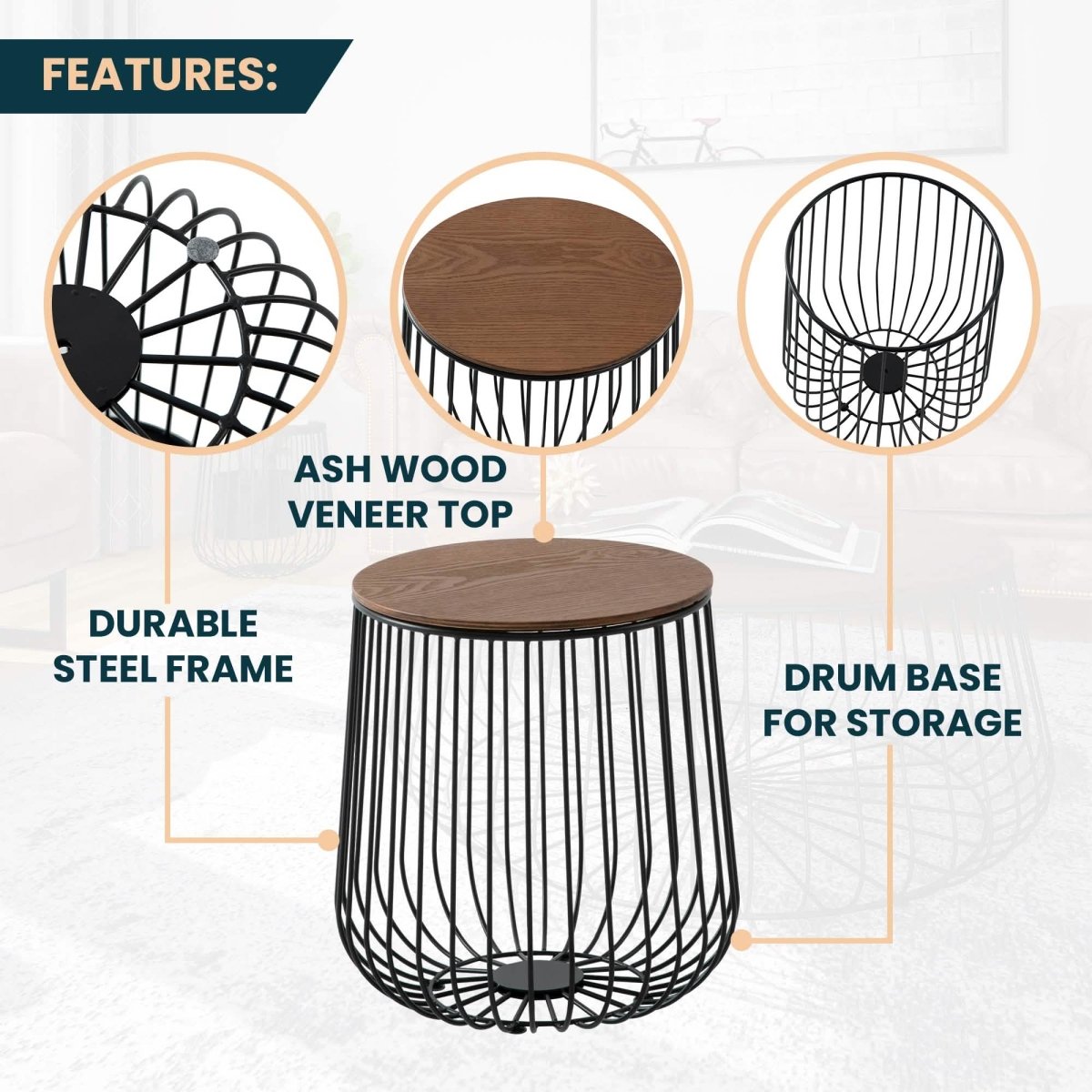 Runswick Round End Table Wood Tabletop With Steel Drum Base for Storage Natural Wood Side Table Leisuremod