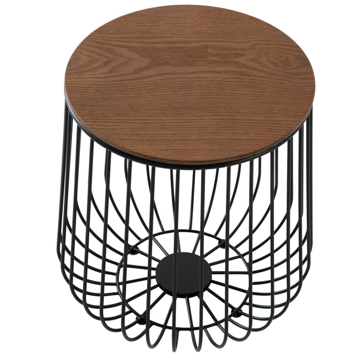 Runswick Round End Table Wood Tabletop With Steel Drum Base for Storage Natural Wood Side Table Leisuremod