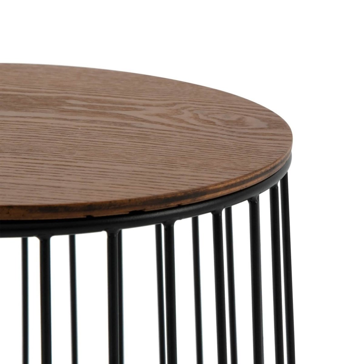 Runswick Round End Table Wood Tabletop With Steel Drum Base for Storage Natural Wood Side Table Leisuremod