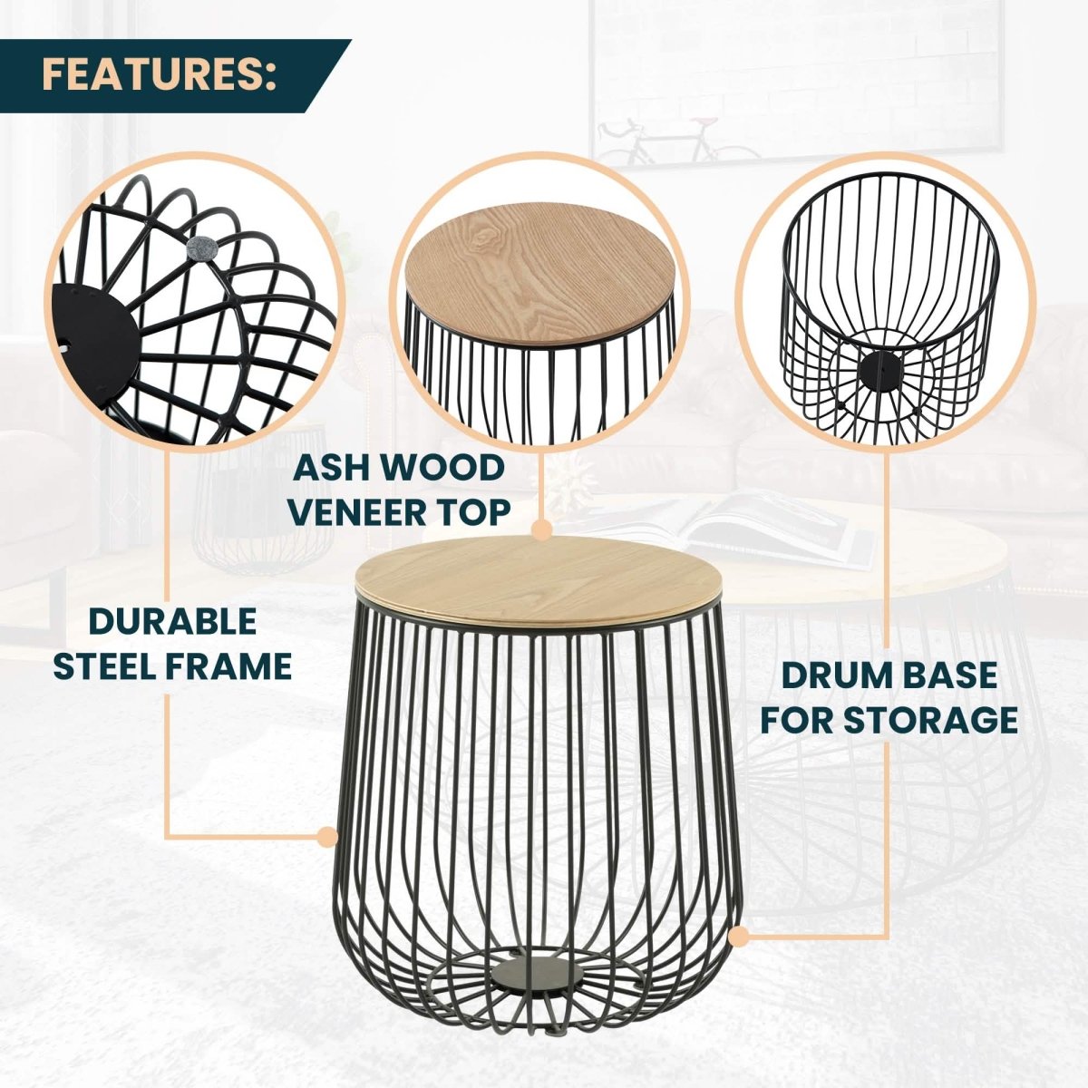Runswick Round End Table Wood Tabletop With Steel Drum Base for Storage Natural Wood Side Table Leisuremod