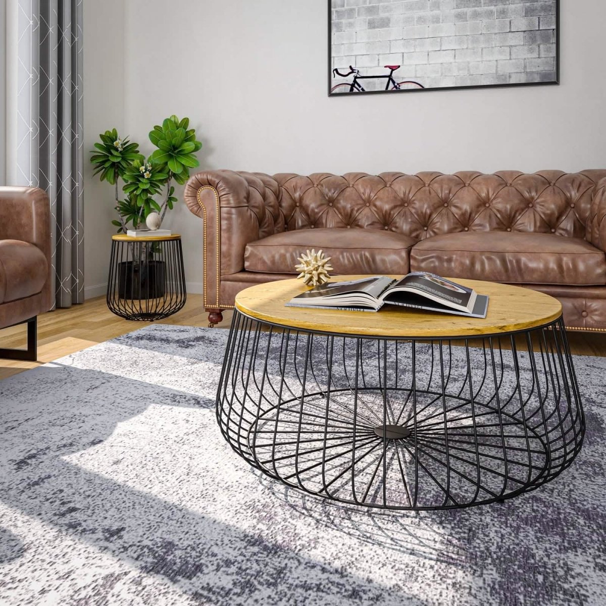 Runswick Round End Table Wood Tabletop With Steel Drum Base for Storage Natural Wood Side Table Leisuremod