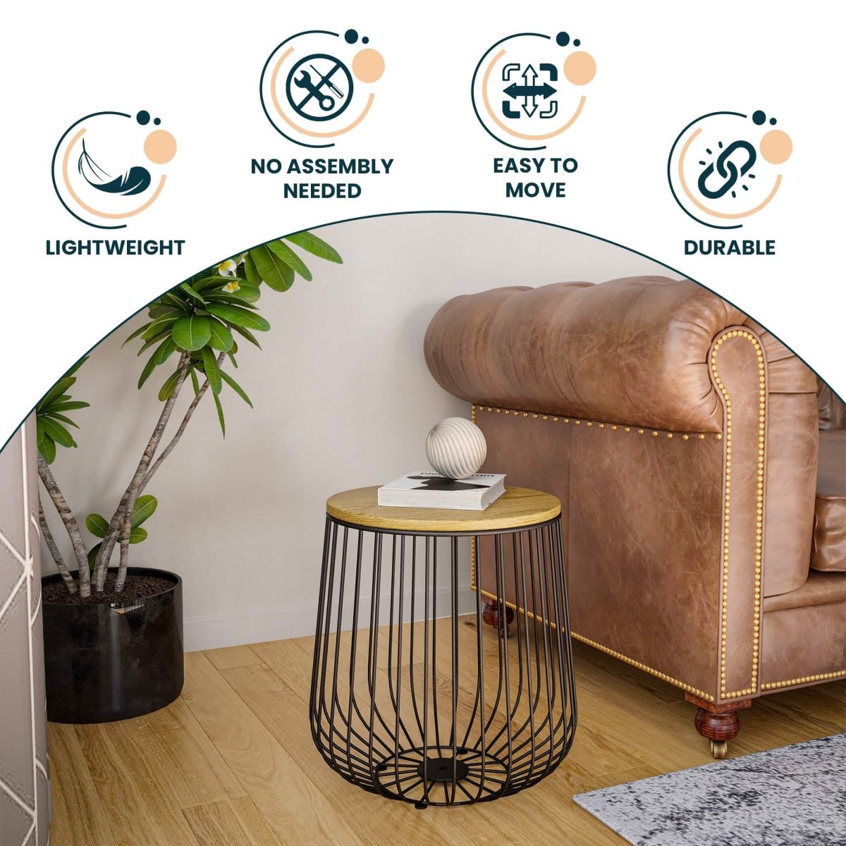 Runswick Round End Table Wood Tabletop With Steel Drum Base for Storage Natural Wood Side Table Leisuremod