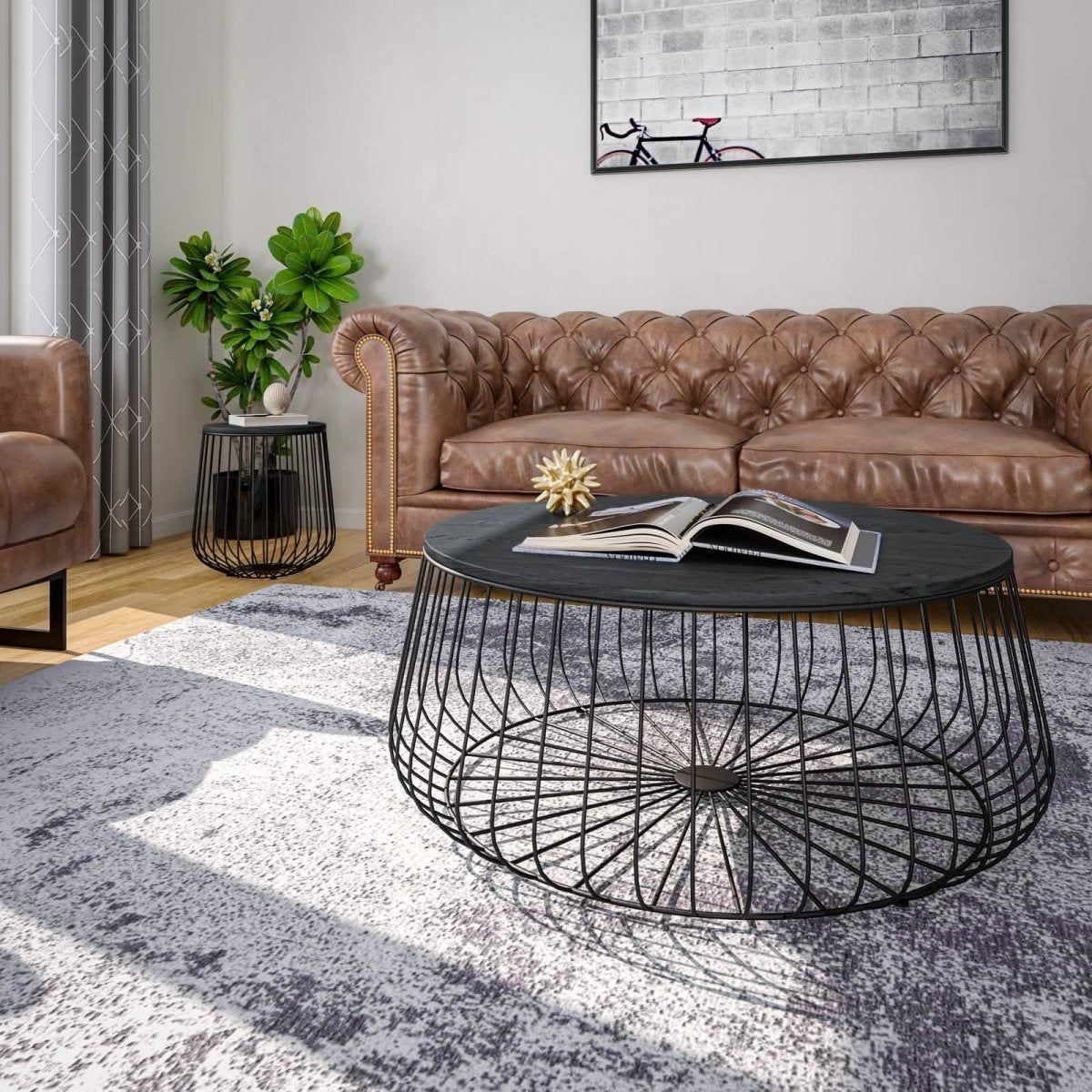 Runswick Round End Table Wood Tabletop With Steel Drum Base for Storage Natural Wood Side Table Leisuremod