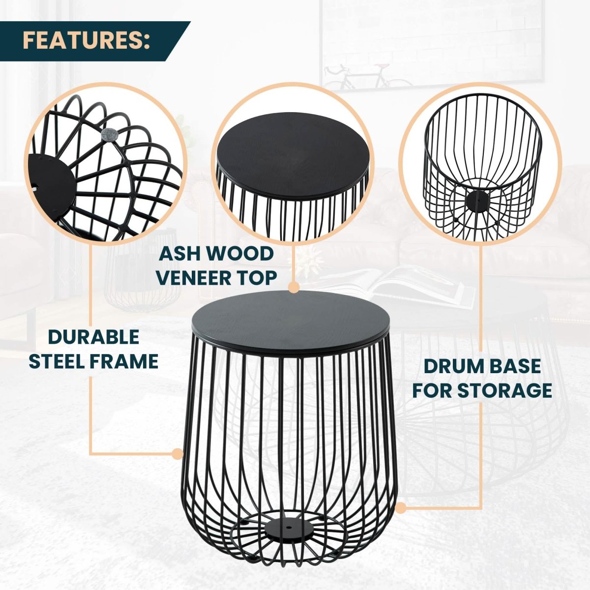Runswick Round End Table Wood Tabletop With Steel Drum Base for Storage Natural Wood Side Table Leisuremod