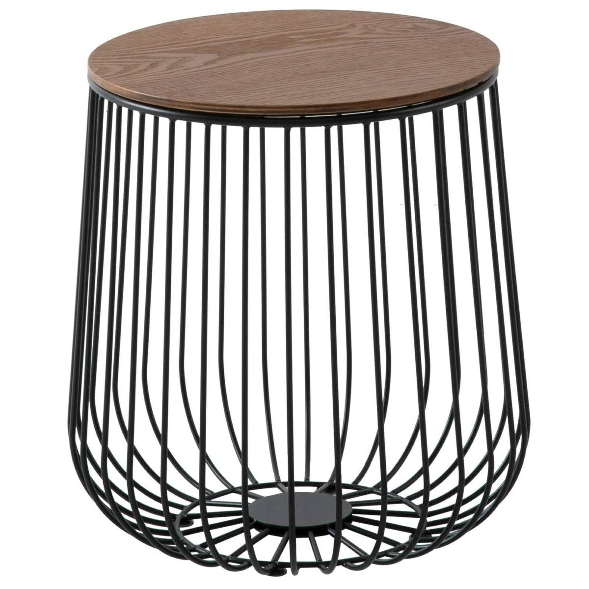 Runswick Round End Table Wood Tabletop With Steel Drum Base for Storage Black Side Table Leisuremod