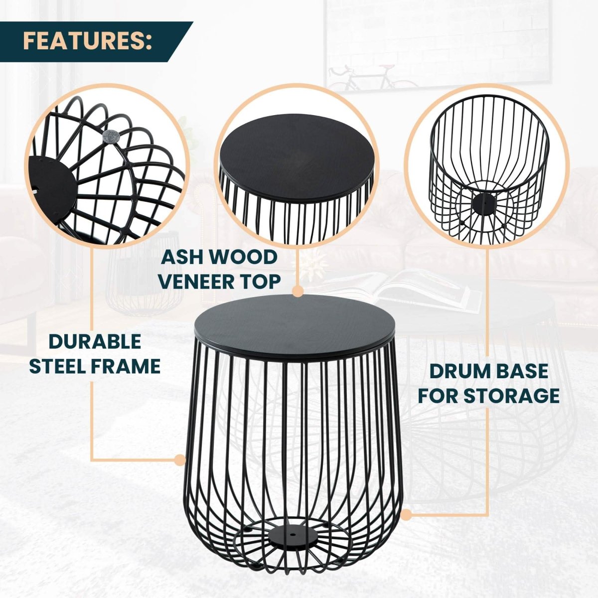 Runswick Round End Table Wood Tabletop With Steel Drum Base for Storage Black Side Table Leisuremod
