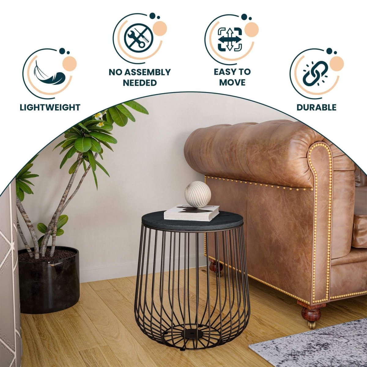 Runswick Round End Table Wood Tabletop With Steel Drum Base for Storage Black Side Table Leisuremod