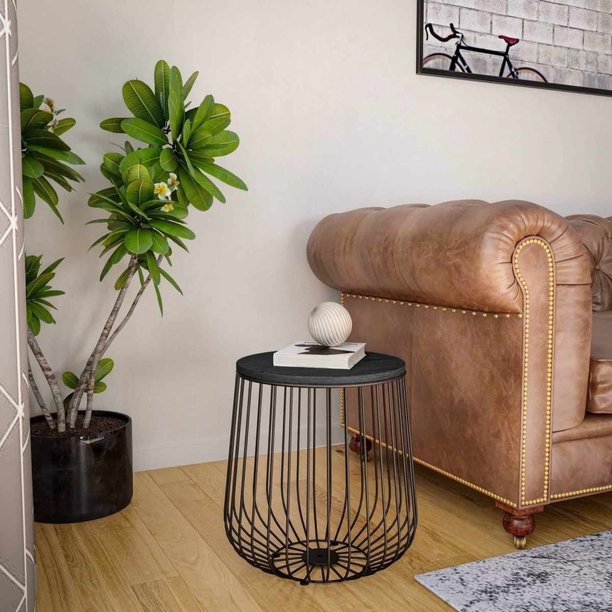 Runswick Round End Table Wood Tabletop With Steel Drum Base for Storage Black Side Table Leisuremod