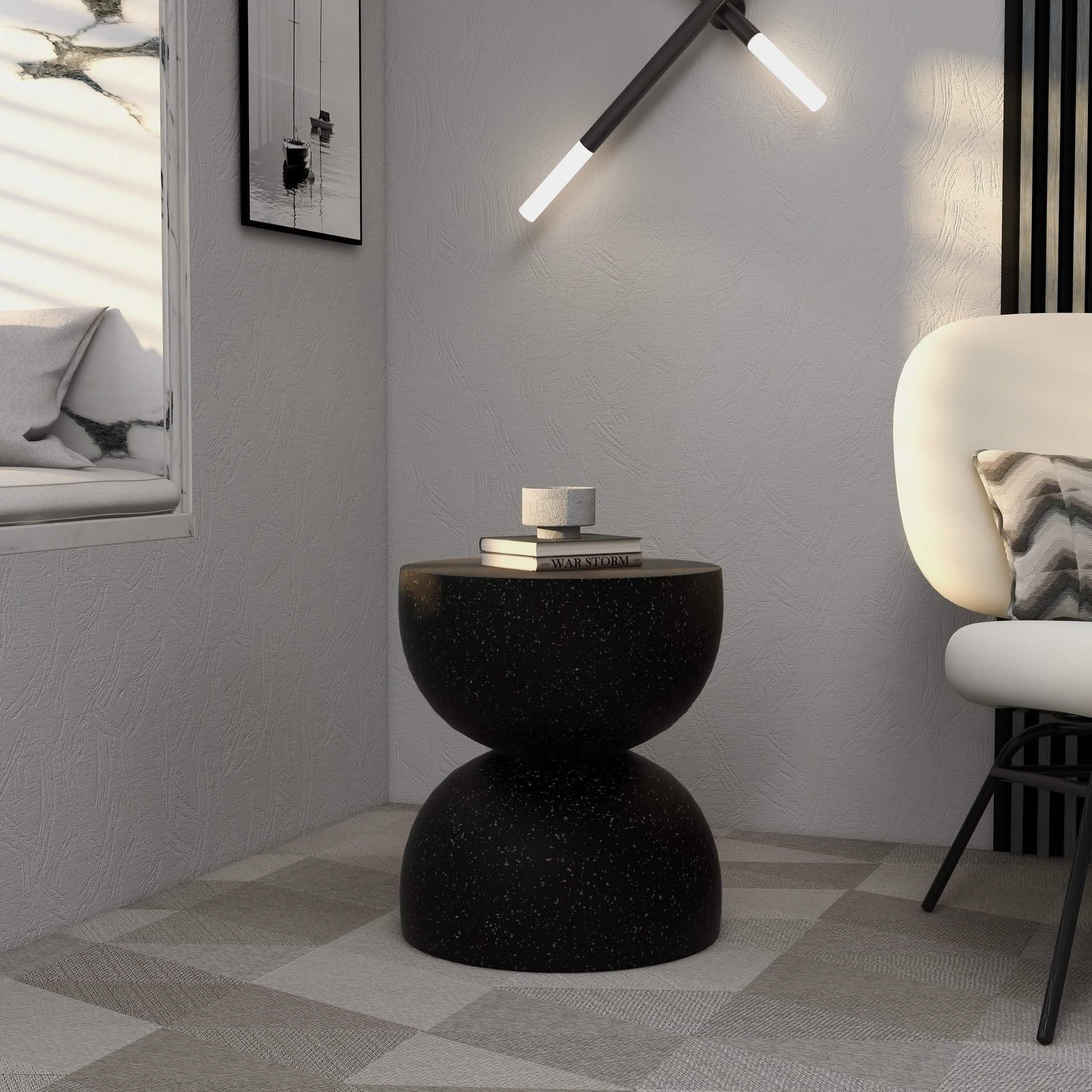 Sage Minimalist Side Table in Fiberstone Hourglass Design Accent Table Black Side Table LeisureMod