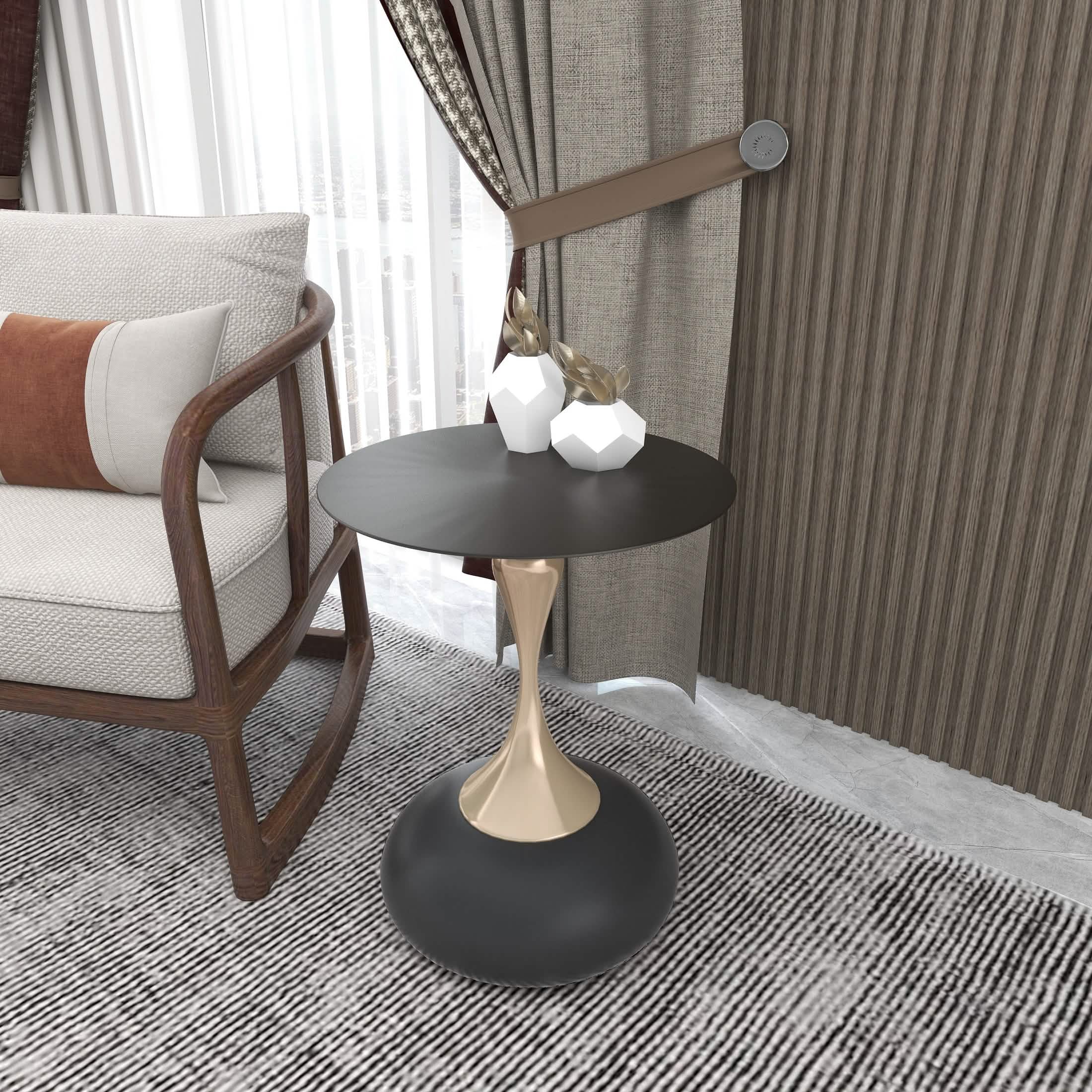 Savoy Wide Side Table with Stainless Steel Top Round Accent Table and Elegant Pedestal Base Black Matte Black Side Table LeisureMod