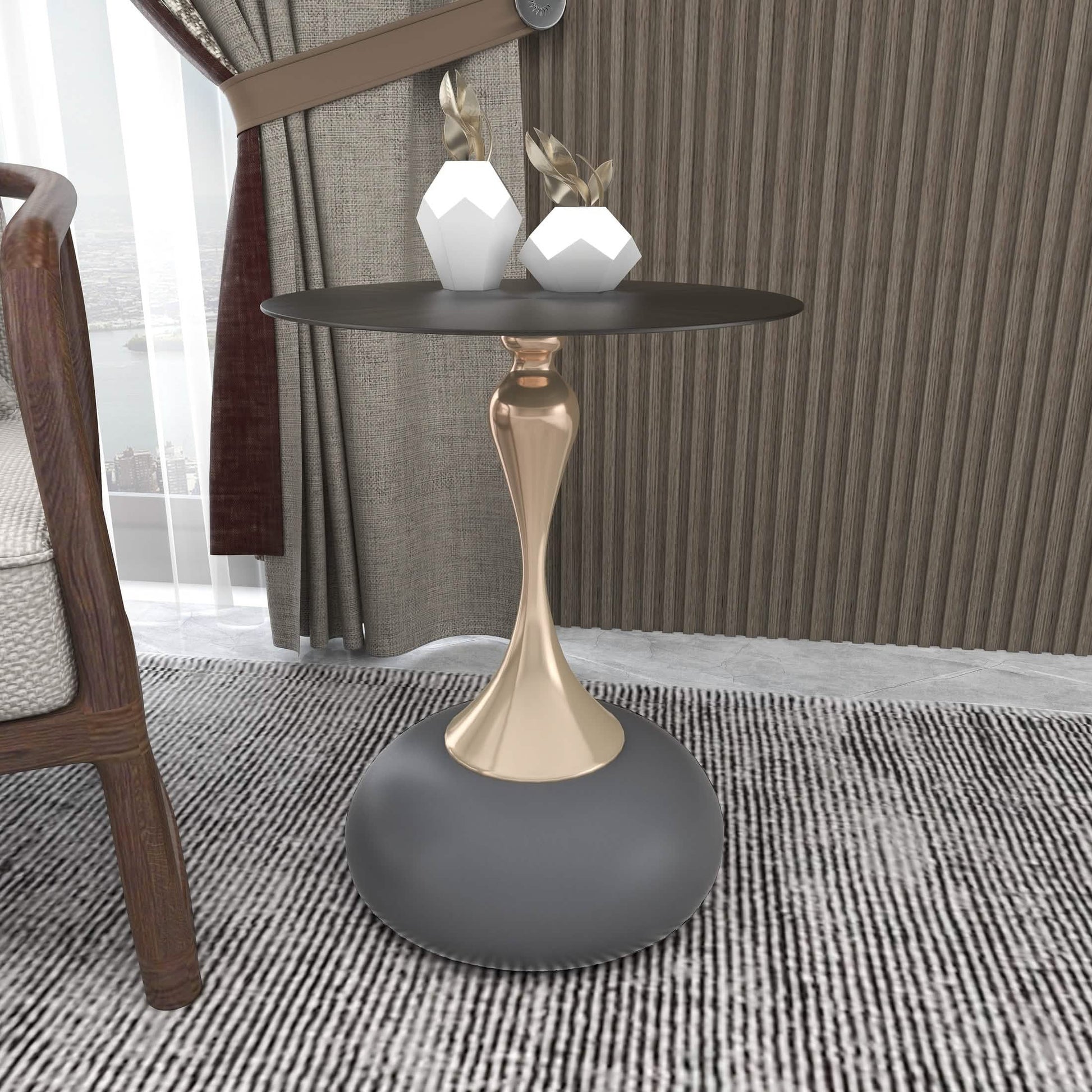Savoy Wide Side Table with Stainless Steel Top Round Accent Table and Elegant Pedestal Base Black Grey Side Table LeisureMod