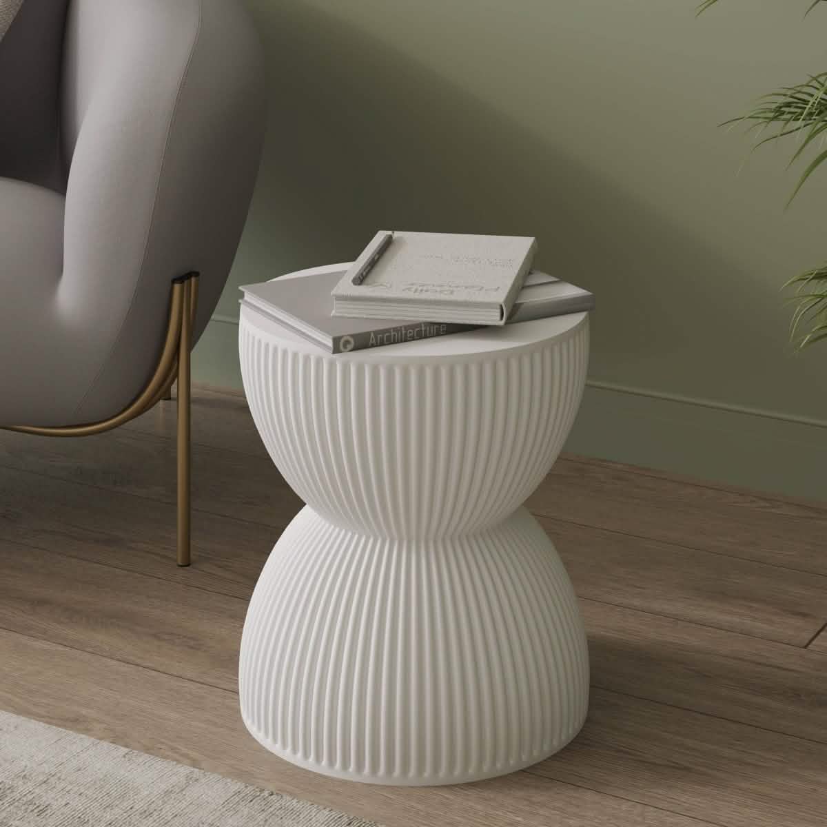 Spire 15" Wide Round Side Fiberstone Table With Hourglass Design White Side Table Leisuremod