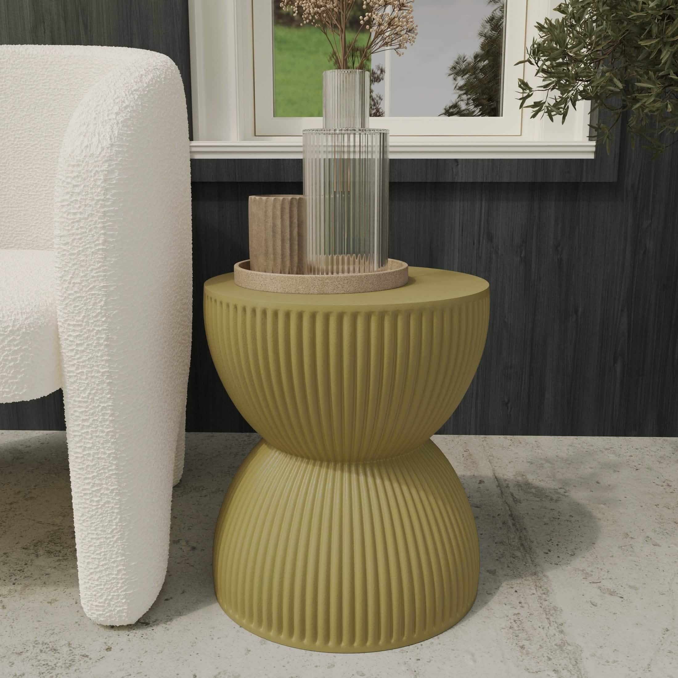 Spire 15" Wide Round Side Fiberstone Table With Hourglass Design Olive Yellow Side Table Leisuremod