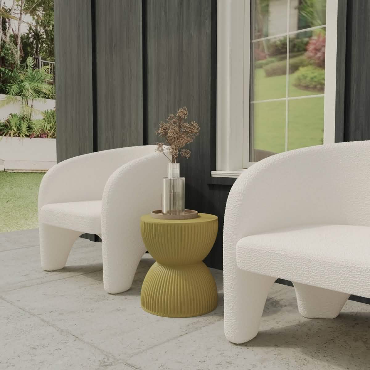 Spire 15" Wide Round Side Fiberstone Table With Hourglass Design Olive Yellow Side Table Leisuremod