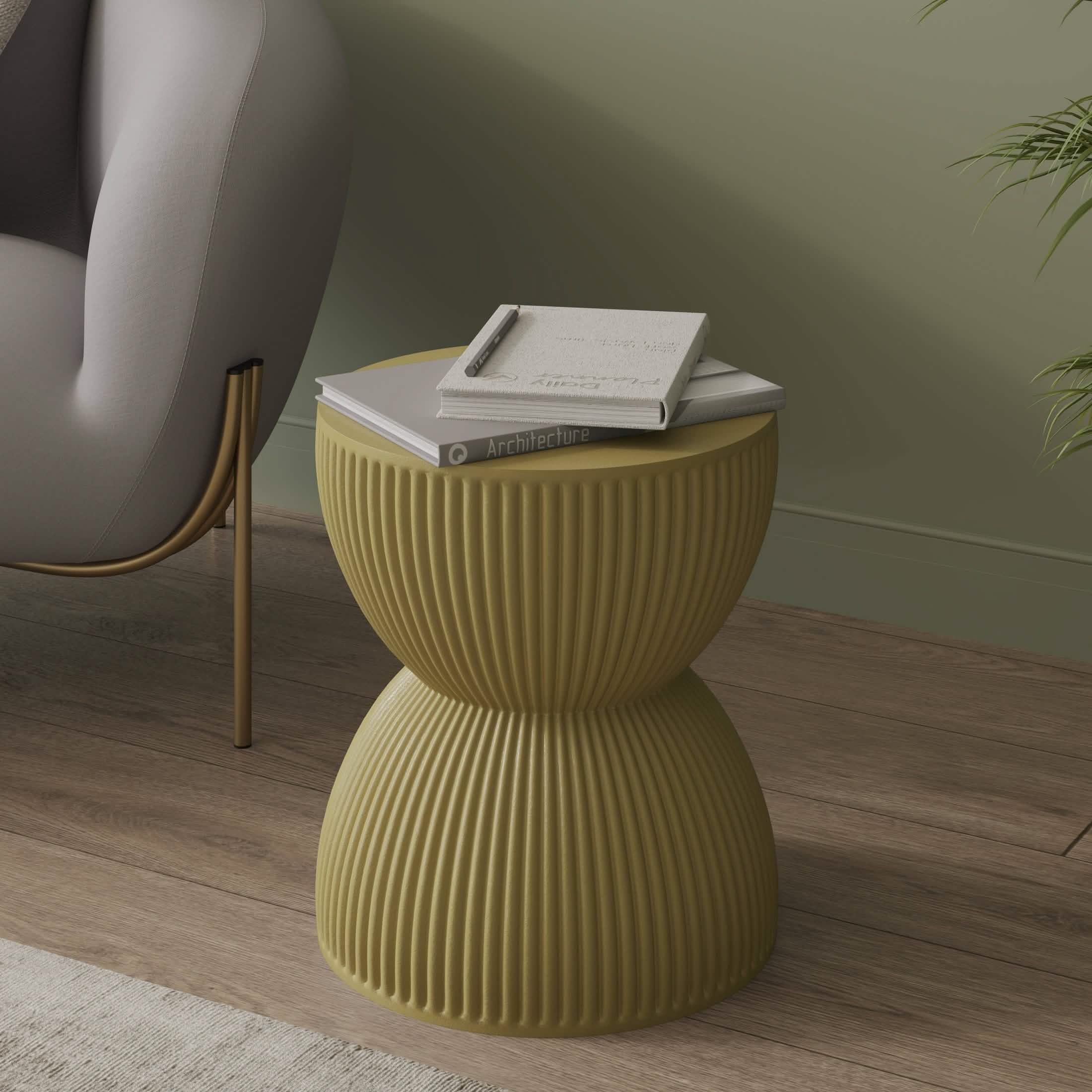 Spire 15" Wide Round Side Fiberstone Table With Hourglass Design Olive Yellow Side Table Leisuremod