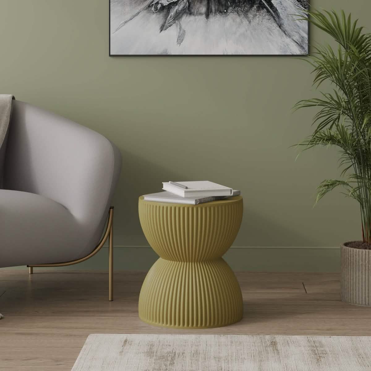 Spire 15" Wide Round Side Fiberstone Table With Hourglass Design Olive Yellow Side Table Leisuremod