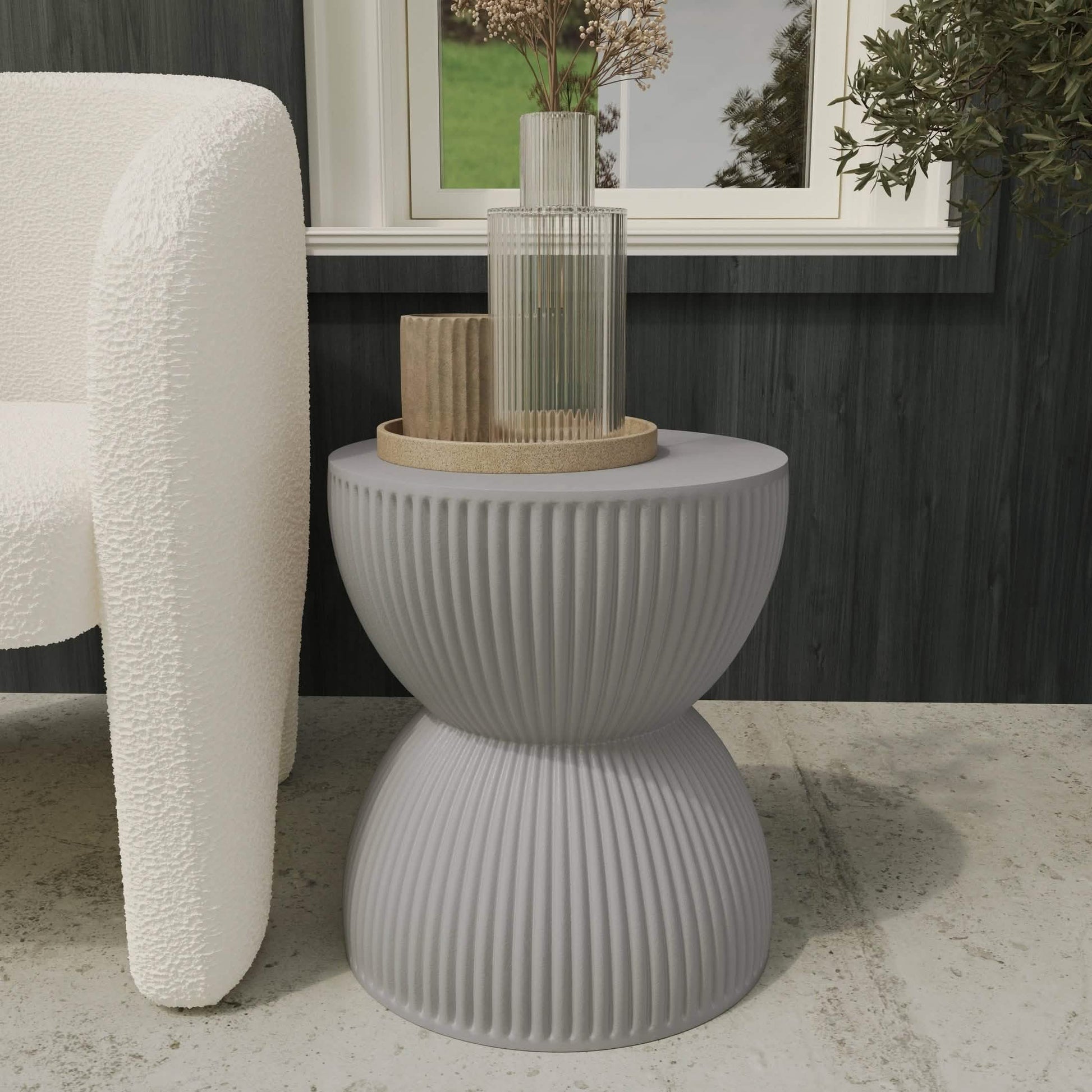 Spire 15" Wide Round Side Fiberstone Table With Hourglass Design Grey Side Table Leisuremod