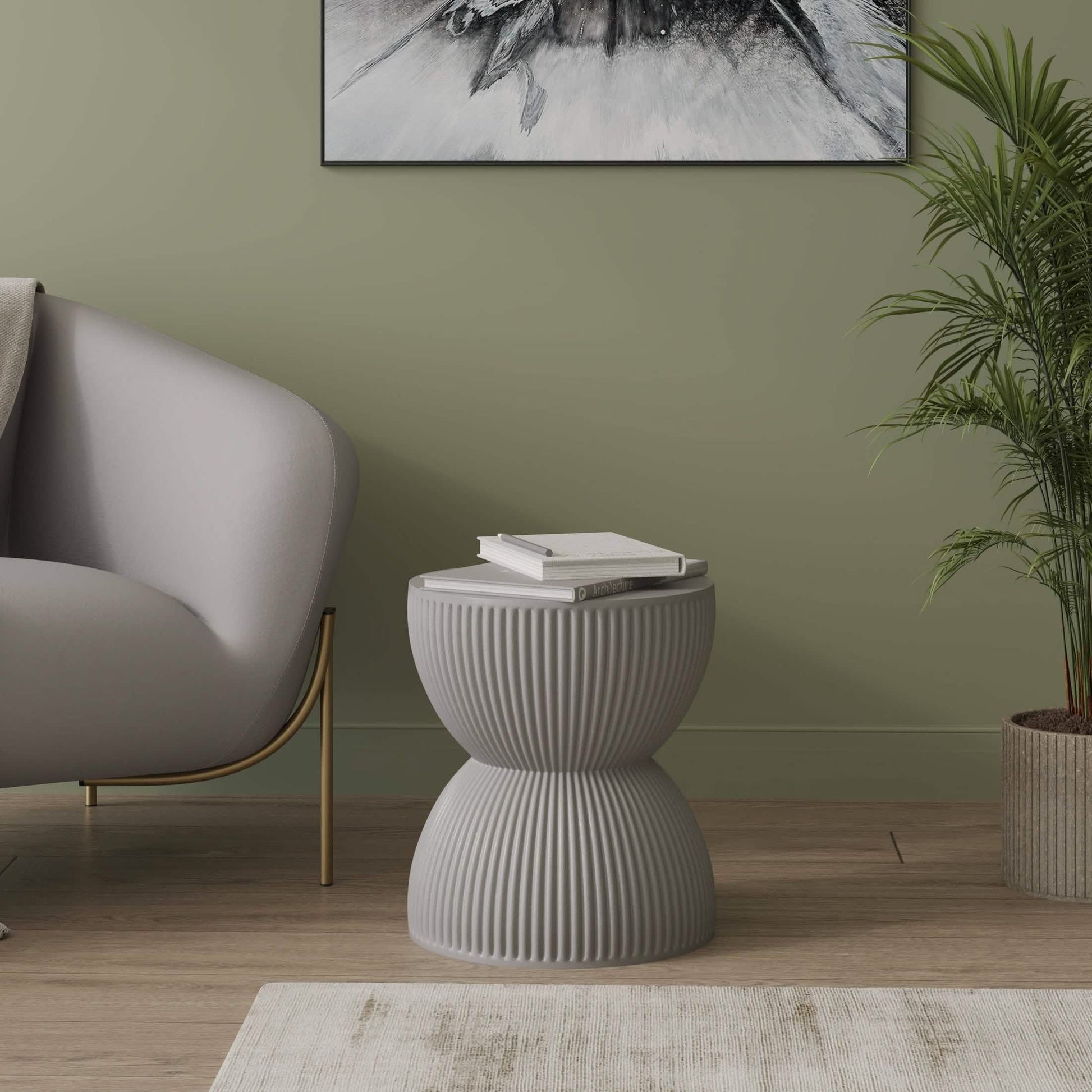 Spire 15" Wide Round Side Fiberstone Table With Hourglass Design Grey Side Table Leisuremod