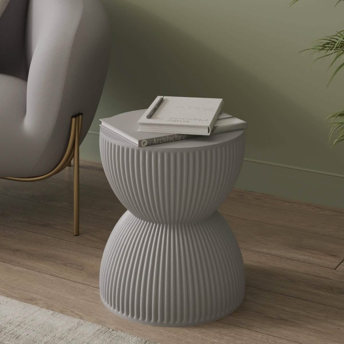Spire 15" Wide Round Side Fiberstone Table With Hourglass Design Grey Side Table Leisuremod
