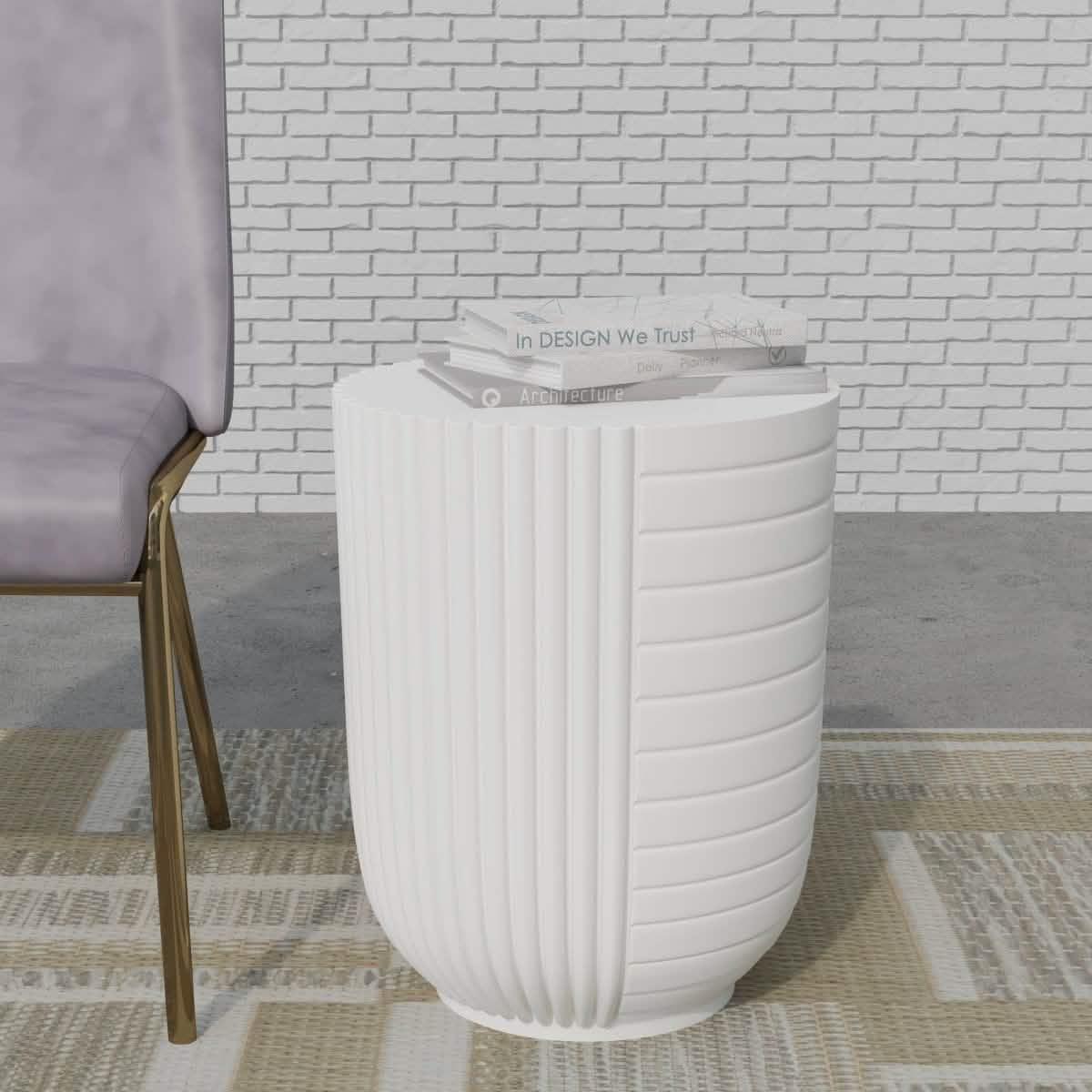 Trove 14" Wide Round Side Fiberstone Table With Ribbed Design White Side Table Leisuremod