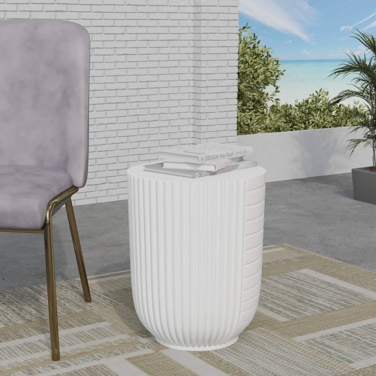 Trove 14" Wide Round Side Fiberstone Table With Ribbed Design White Side Table Leisuremod