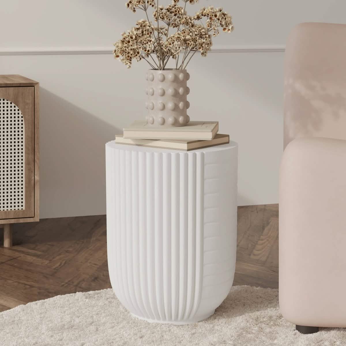 Trove 14" Wide Round Side Fiberstone Table With Ribbed Design White Side Table Leisuremod