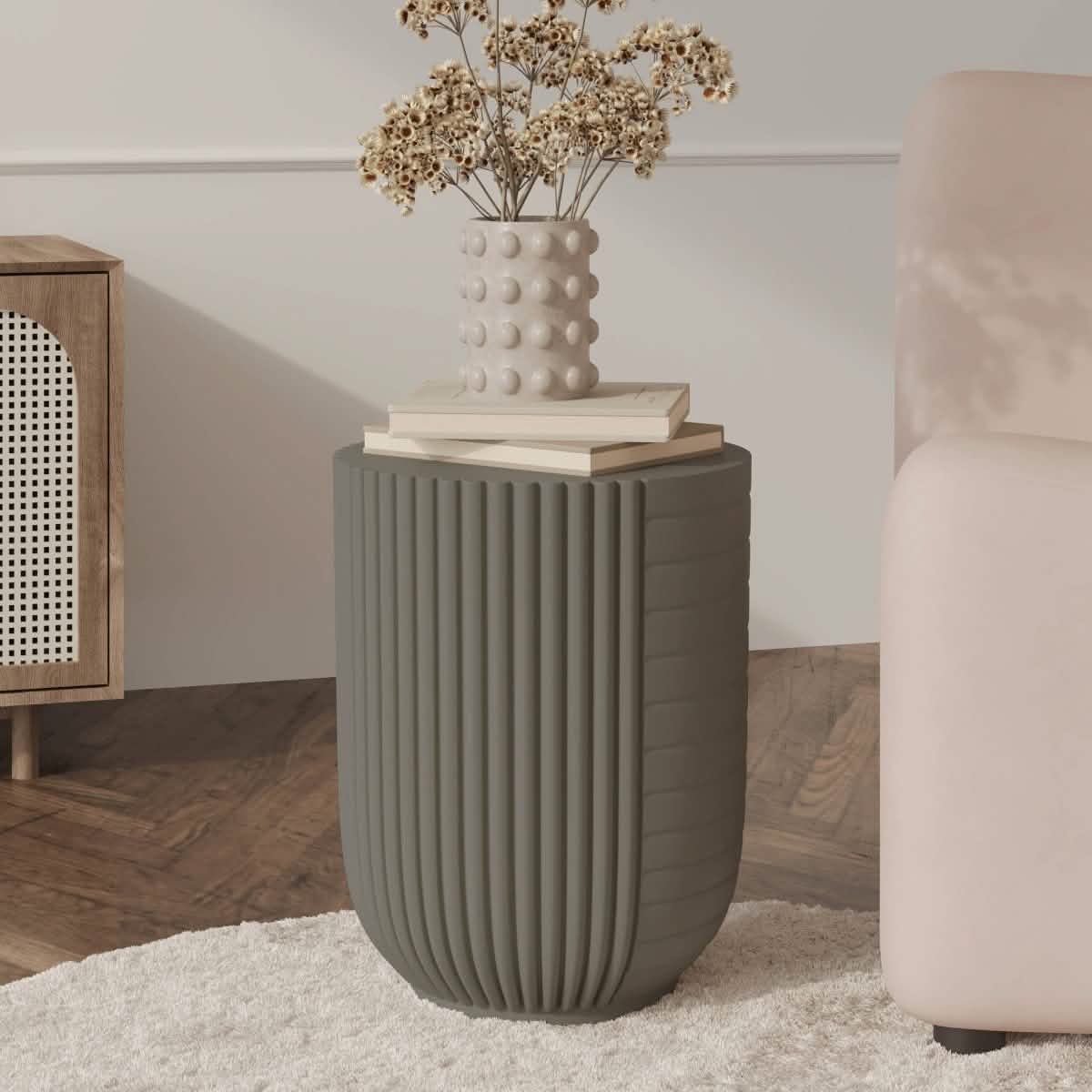 Trove 14" Wide Round Side Fiberstone Table With Ribbed Design Green Grey Side Table Leisuremod