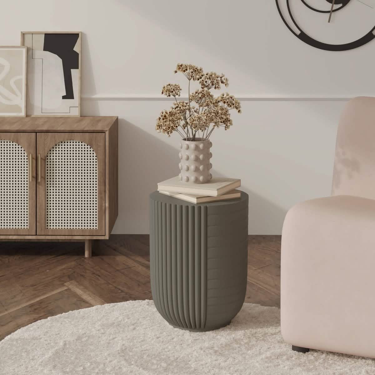 Trove 14" Wide Round Side Fiberstone Table With Ribbed Design Green Grey Side Table Leisuremod