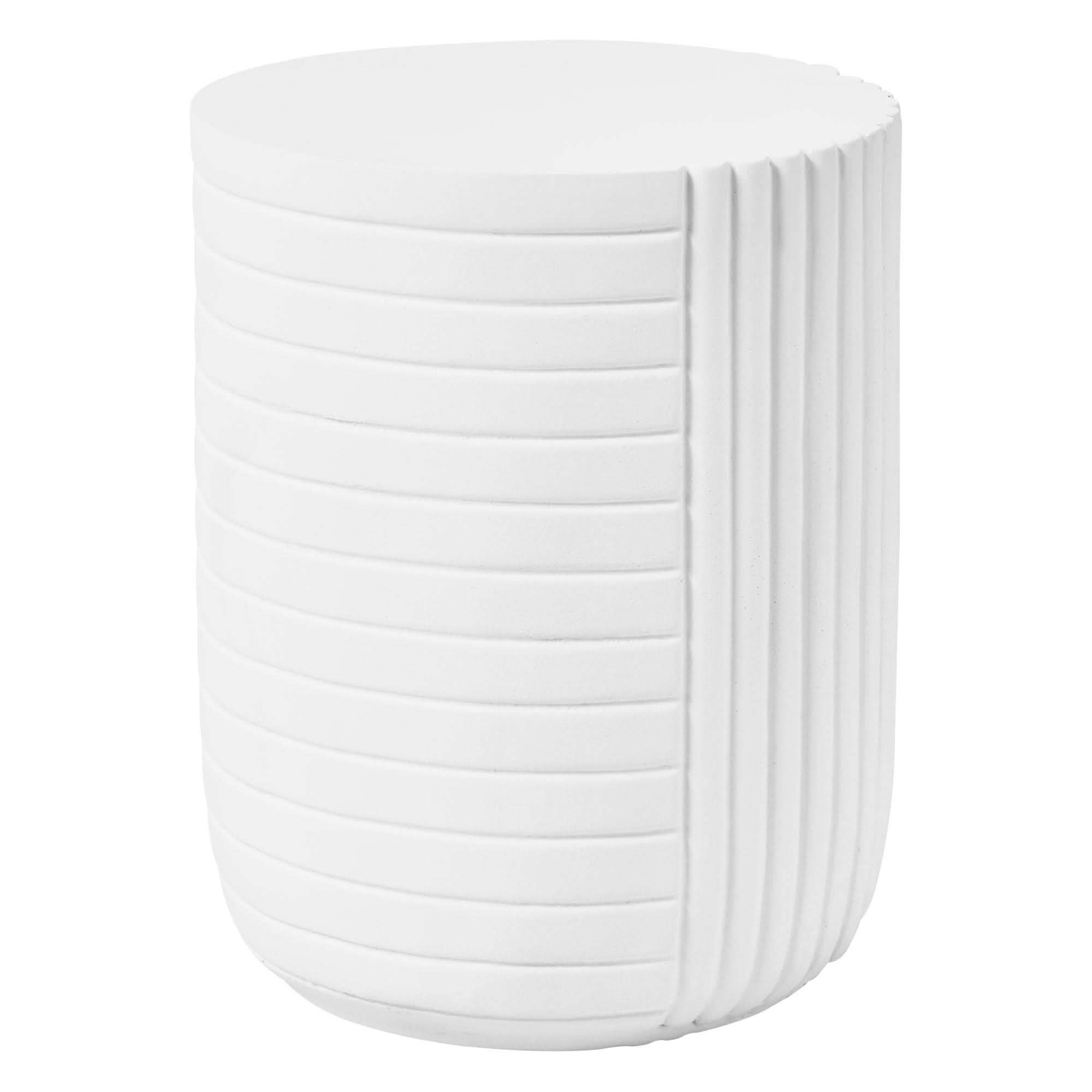 Trove 14" Wide Round Side Fiberstone Table With Ribbed Design White Side Table Leisuremod