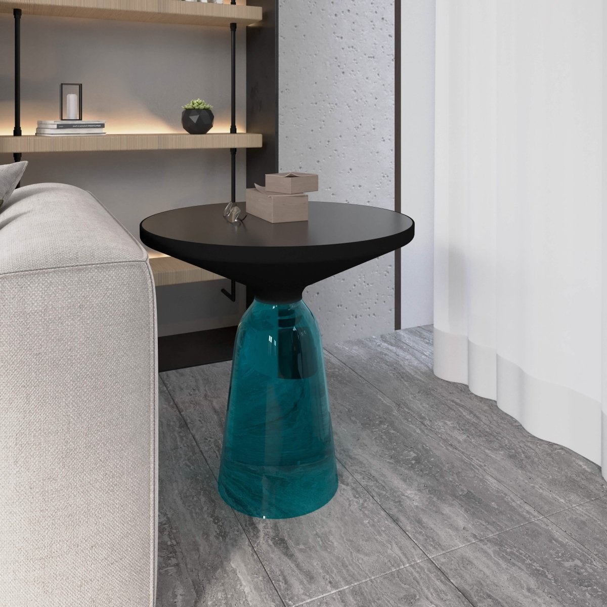 Tully 19-Inch Round Glass/Stone Side Table with Iron Rim Frame and Glass Base Black Glass Blue Black Side Table Leisuremod