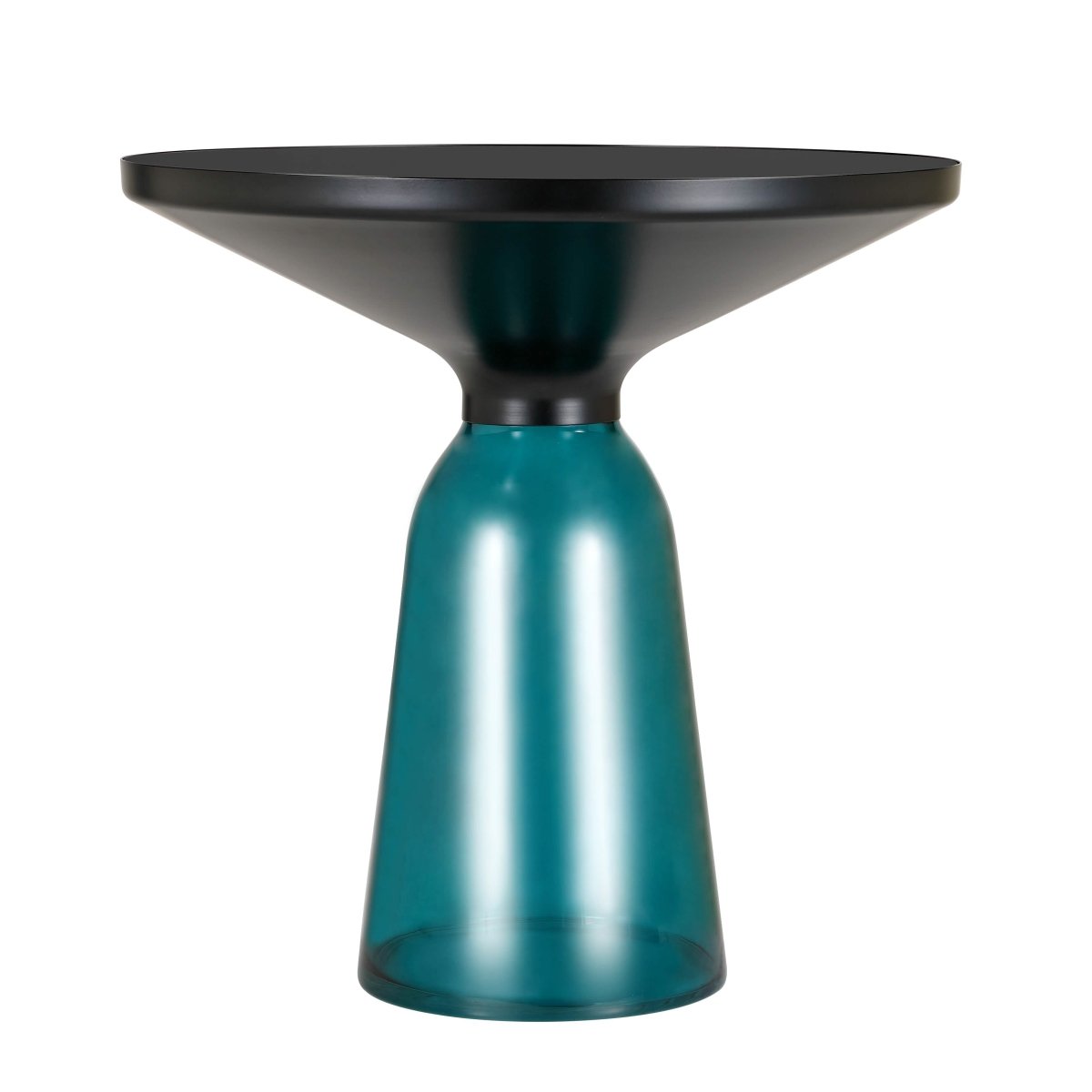 Tully 19-Inch Round Glass/Stone Side Table with Iron Rim Frame and Glass Base Black Glass Blue Black Side Table Leisuremod