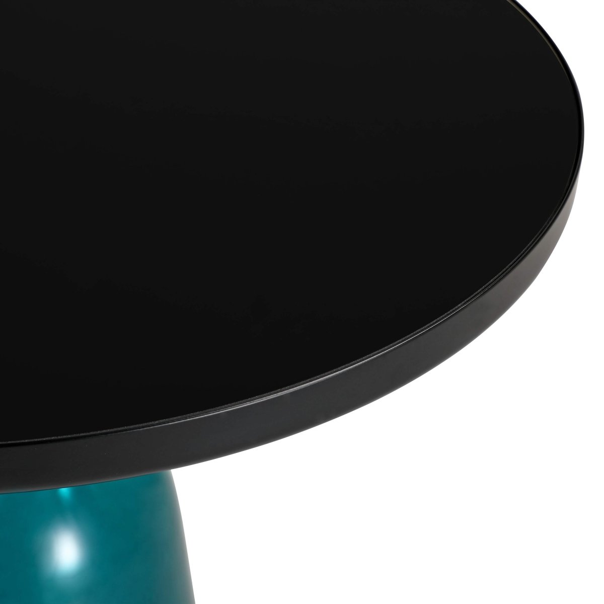 Tully 19-Inch Round Glass/Stone Side Table with Iron Rim Frame and Glass Base Black Glass Blue Black Side Table Leisuremod