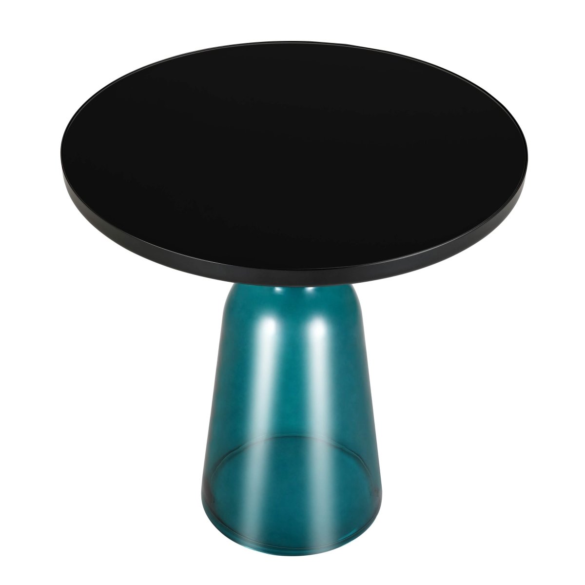Tully 19-Inch Round Glass/Stone Side Table with Iron Rim Frame and Glass Base Black Glass Blue Black Side Table Leisuremod